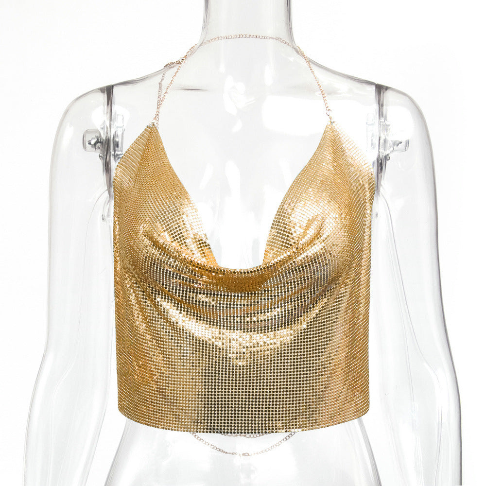 Metallic Sequin Chain Strap Crop Top
