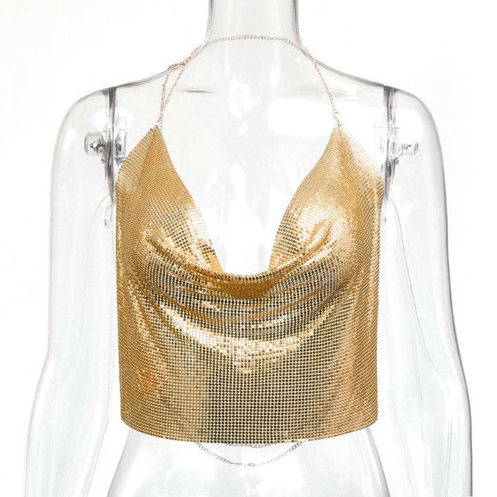 Metallic Sequin Chain Strap Crop Top