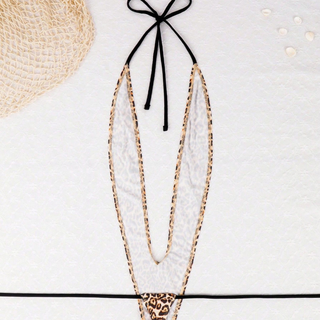 Leopard Print Deep V Halter One-Piece Swimsuit