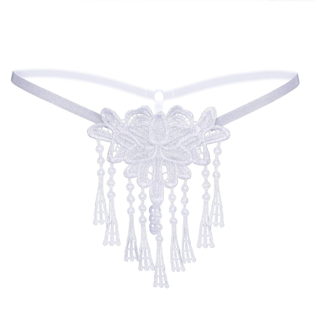 Floral Lace Garter Thong – Delicate Embroidered Applique with Pearl Tassel Detail