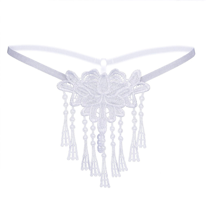 Floral Lace Garter Thong – Delicate Embroidered Applique with Pearl Tassel Detail