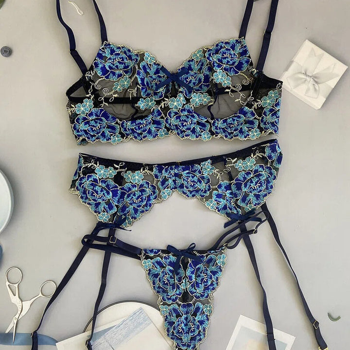 Sheer Blue Floral Embroidered Lace Lingerie Set