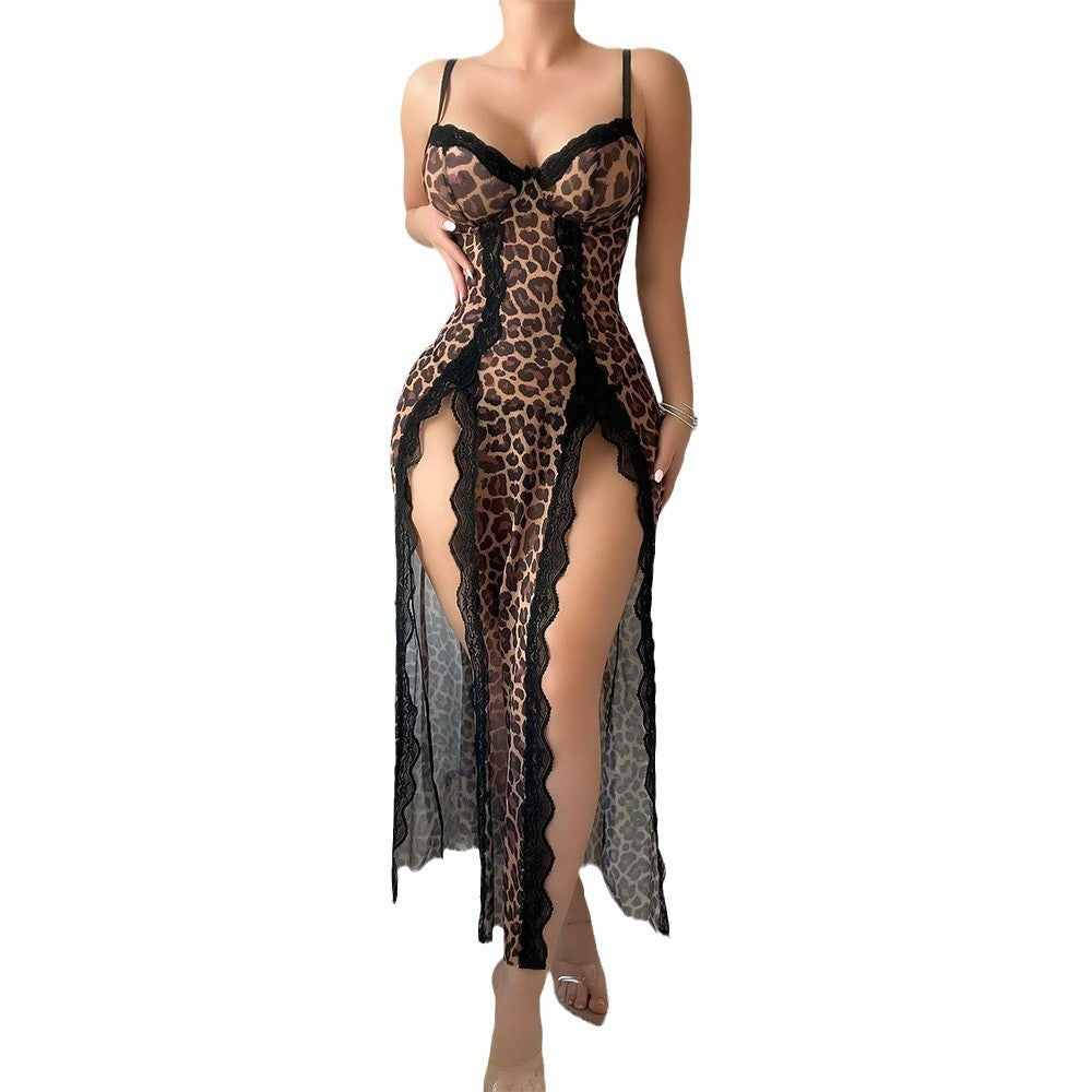 Leopard Print Sheer Lace Split Maxi Lingerie Dress