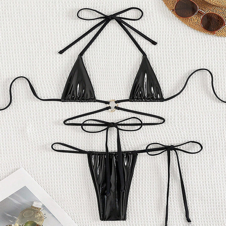 Sexy Patent Leather Tie-Up Micro Bikini Set