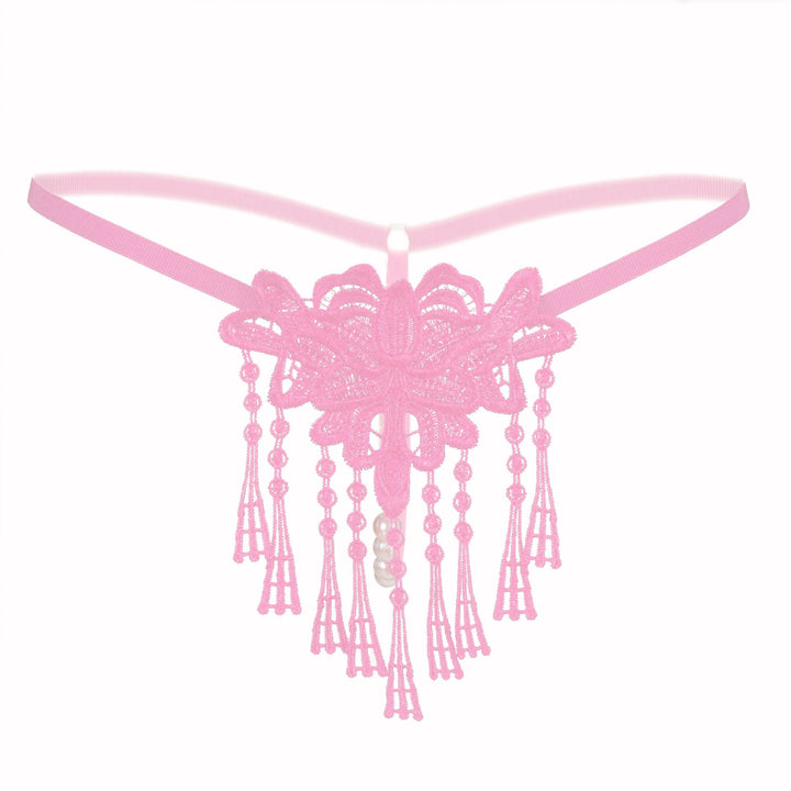 Floral Lace Garter Thong – Delicate Embroidered Applique with Pearl Tassel Detail