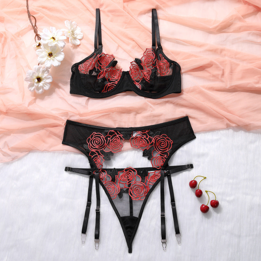 Red Rose Embroidered Lingerie Set – 3-Piece Sheer Mesh Bra, Panty & Garter Belt