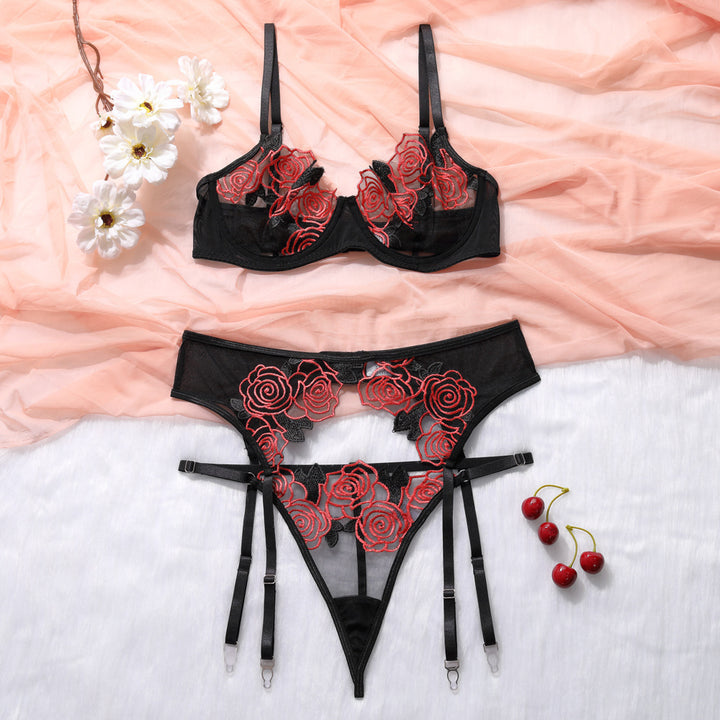 Red Rose Embroidered Lingerie Set – 3-Piece Sheer Mesh Bra, Panty & Garter Belt