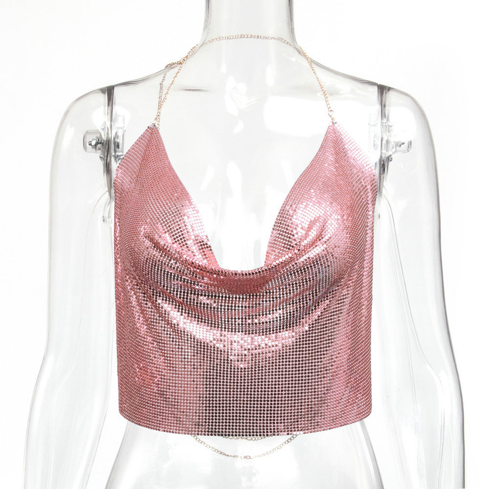 Metallic Sequin Chain Strap Crop Top