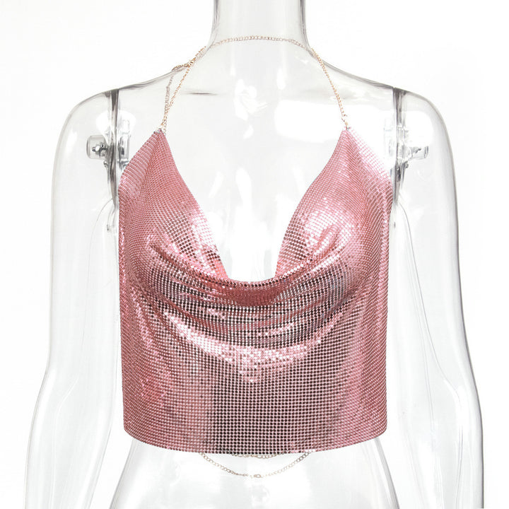 Metallic Sequin Chain Strap Crop Top