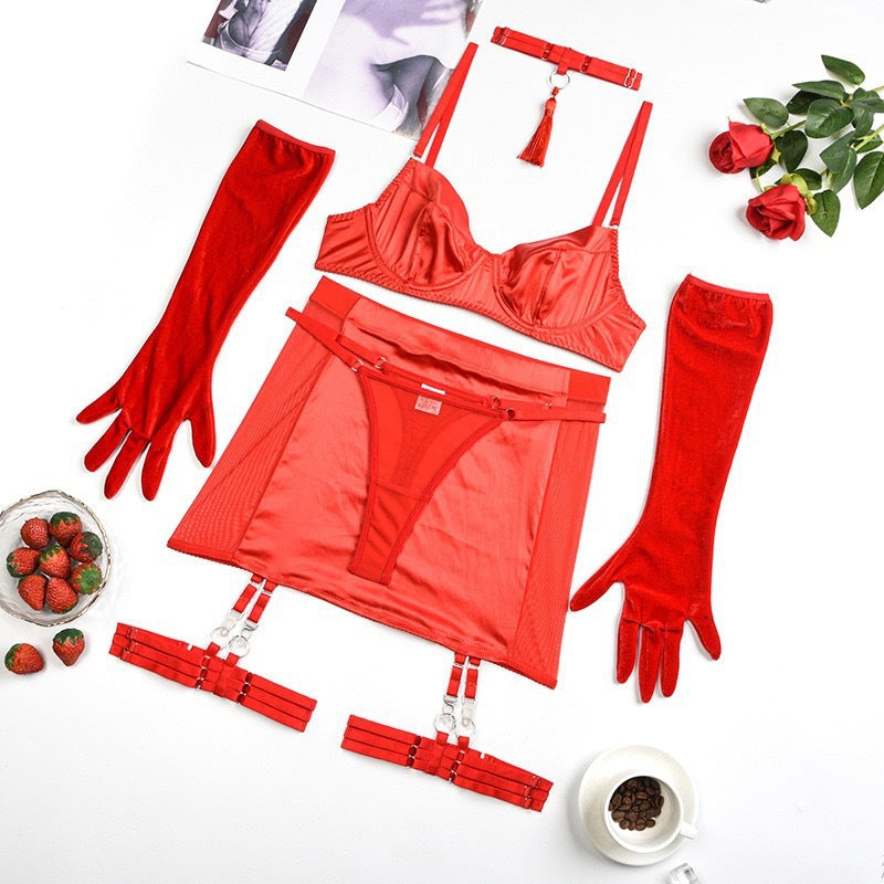 Satin & Mesh Fringe Lingerie Set – Ruched Mini Skirt with Gloves