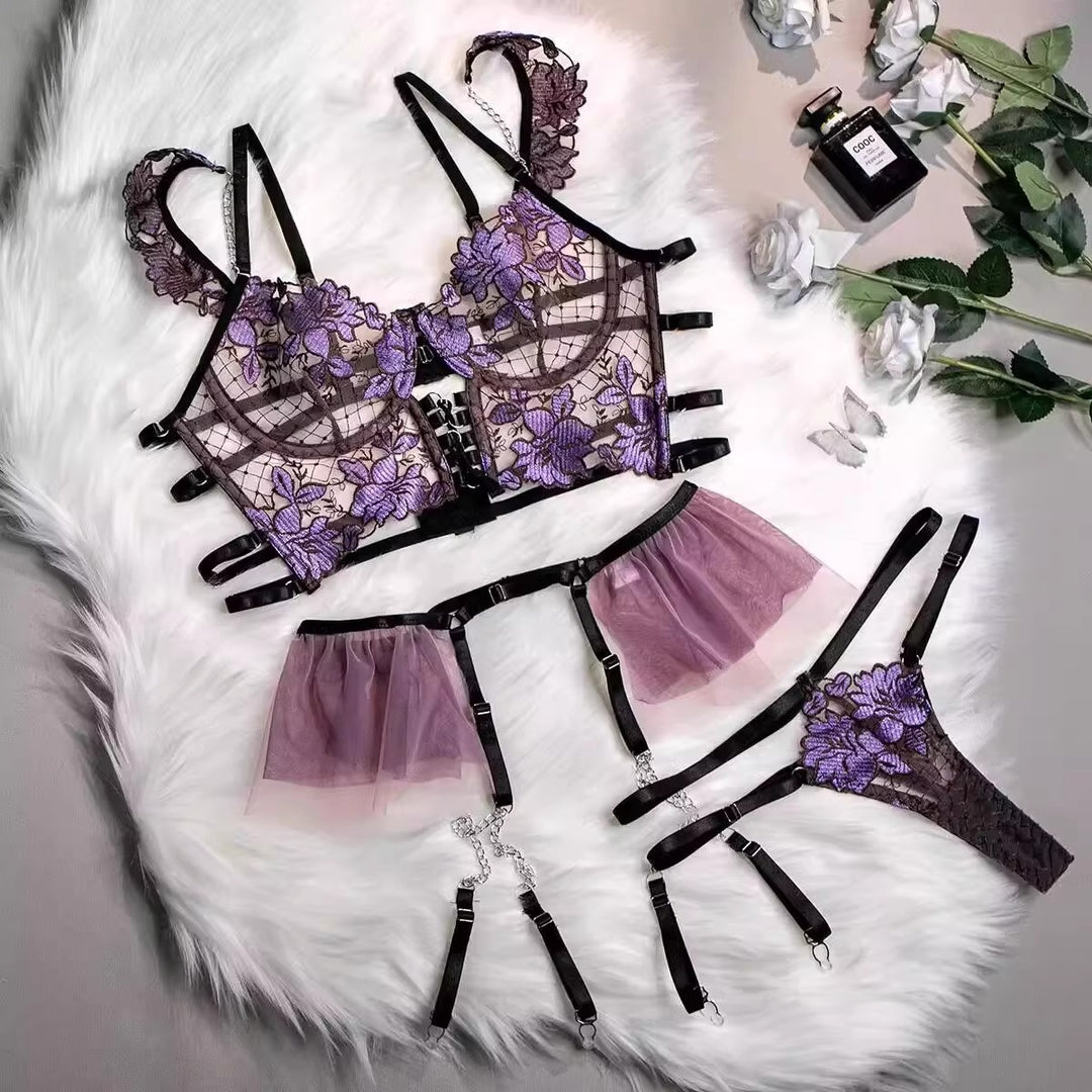 Purple Floral Lace Lingerie Set with Garter Belt & Strappy Thong