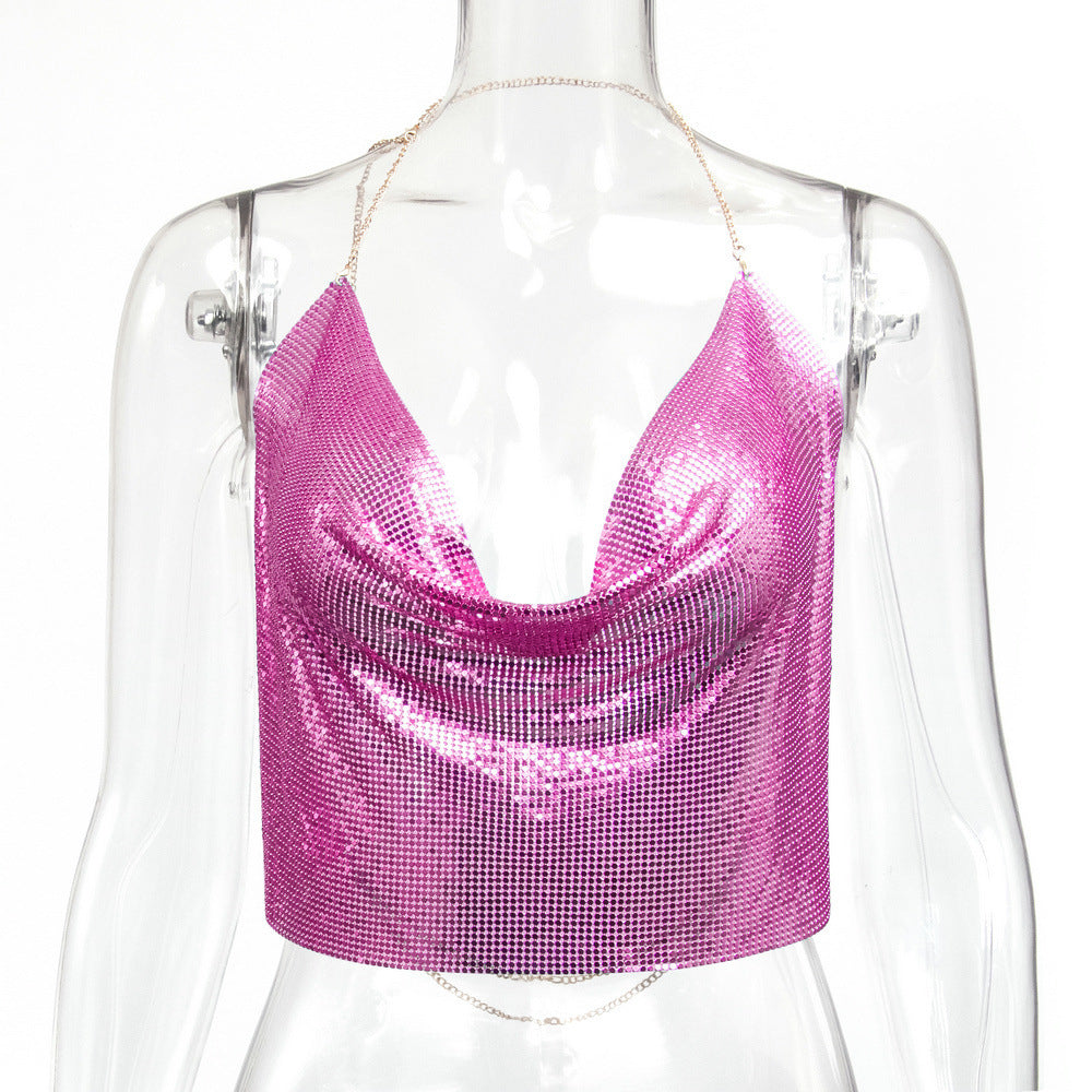 Metallic Sequin Chain Strap Crop Top