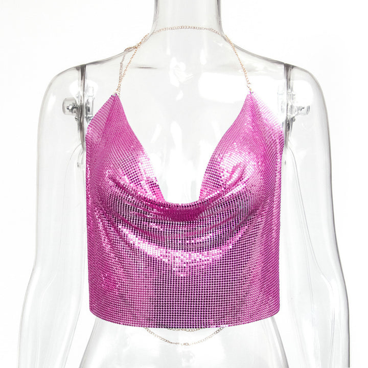 Metallic Sequin Chain Strap Crop Top