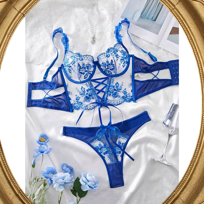 Sexy Embroidered Lace Lingerie Set – Underwire Corset Bra & Thong