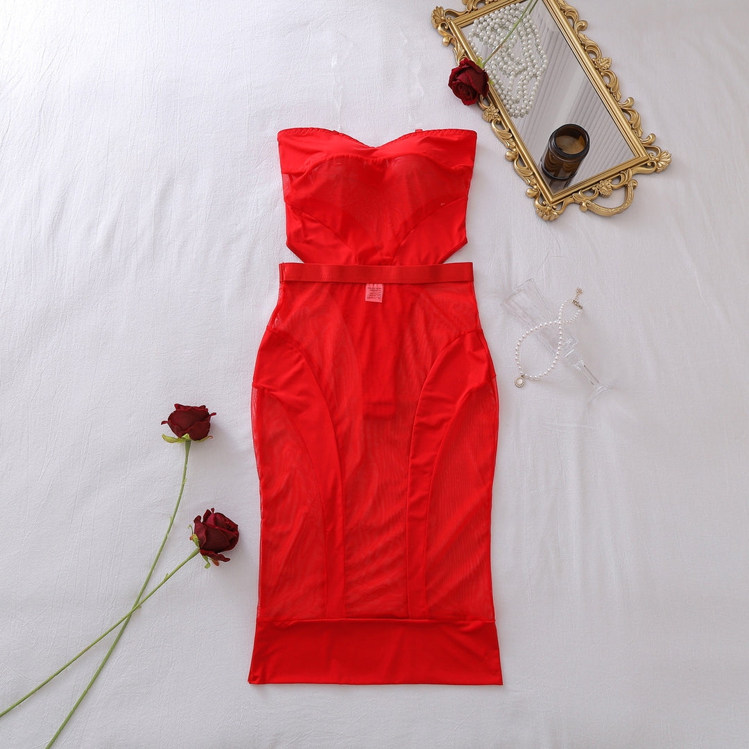Sexy Sheer Mesh Dress Set – Strapless Tube Top & Bodycon Skirt