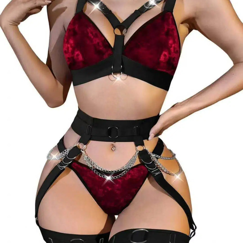Dark Desire – Bondage-Inspired Harness Lingerie Set with Metal Chains