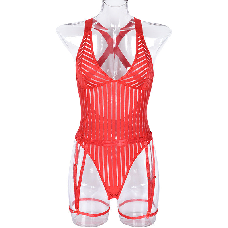 Temptation Lines – Mesh Stripe Garter Lingerie Bodysuit Set