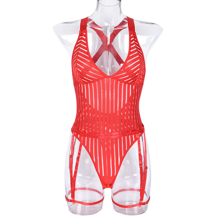 Temptation Lines – Mesh Stripe Garter Lingerie Bodysuit Set
