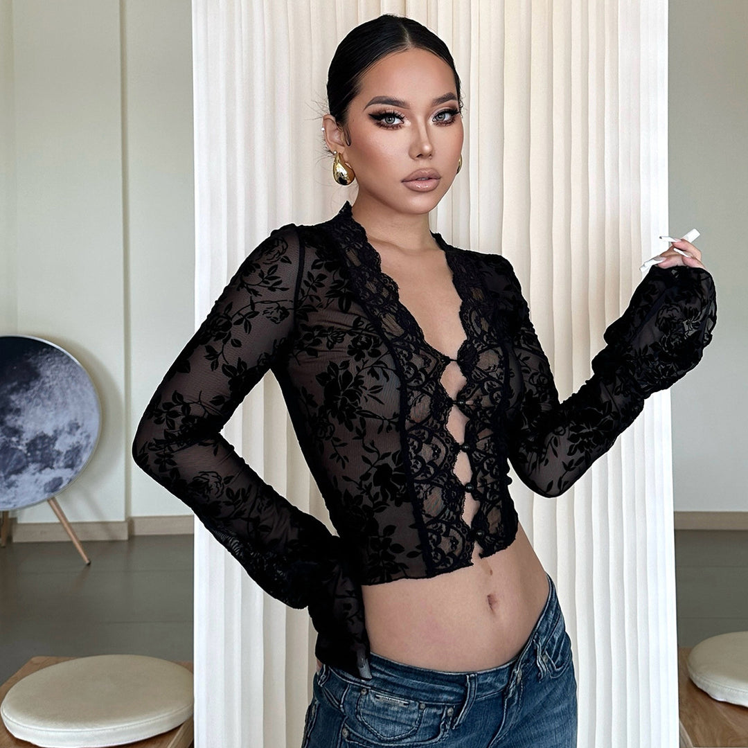 Leopard Print Lace Patchwork Top Deep V Neck Bodycon Flare Sleeve Sexy Blouse