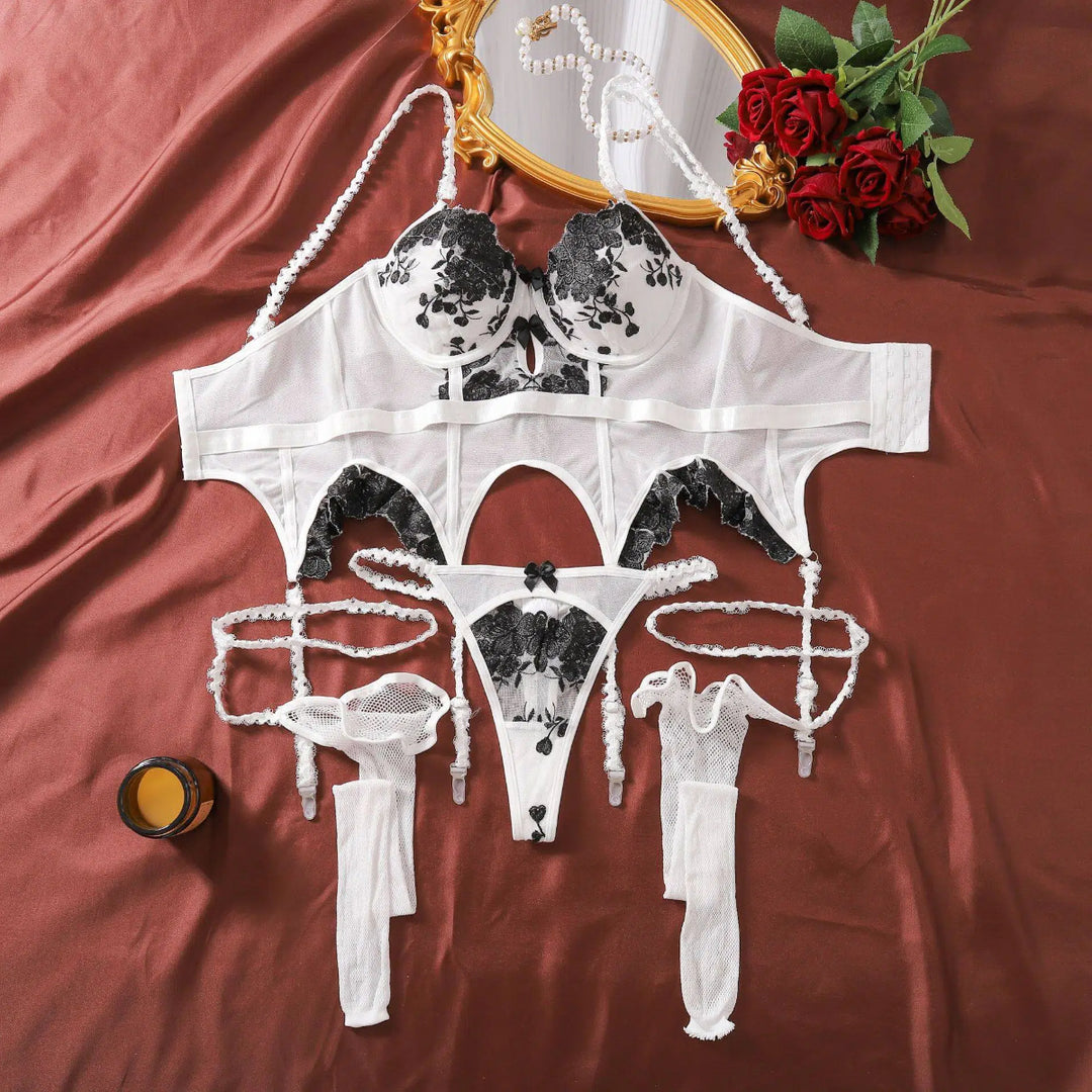 Lace Embroidered Corset Lingerie Set – Sheer Mesh with Garter & Thong