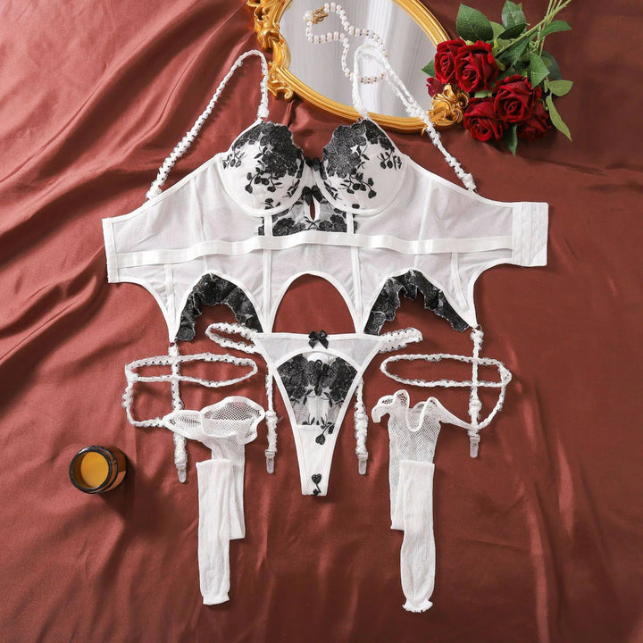 Lace Embroidered Corset Lingerie Set – Sheer Mesh with Garter & Thong