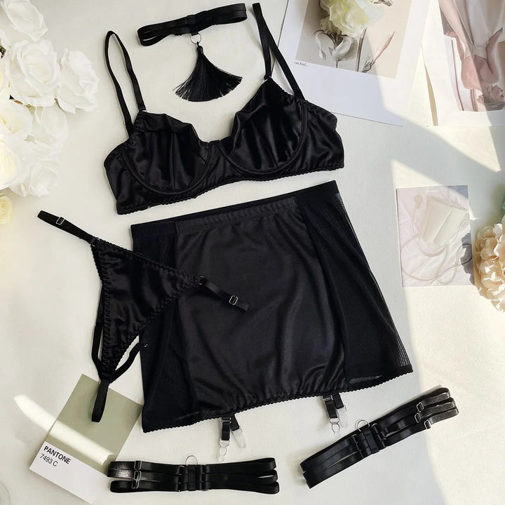 Satin & Mesh Fringe Lingerie Set – Ruched Mini Skirt with Gloves