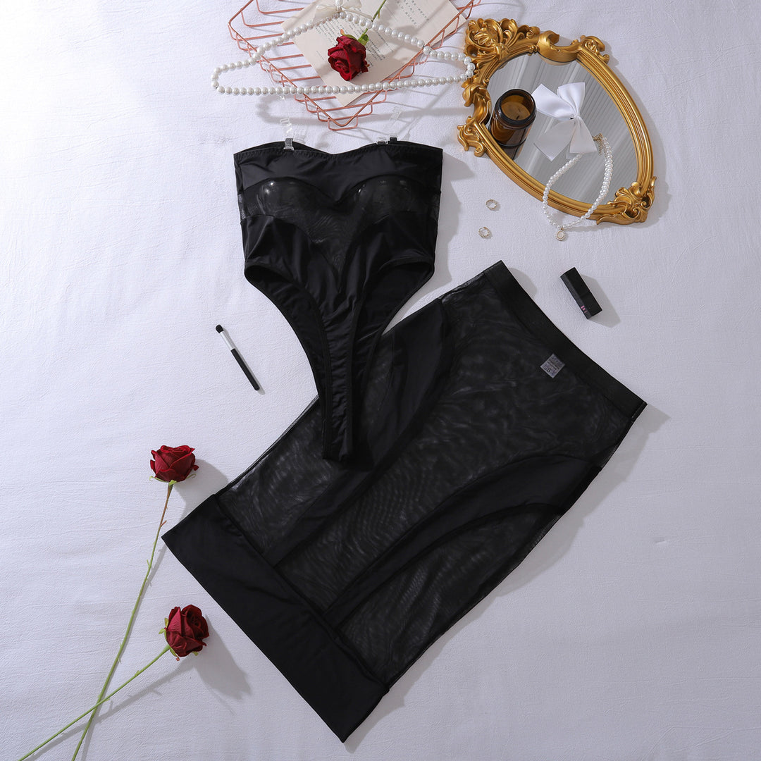 Sexy Sheer Mesh Dress Set – Strapless Tube Top & Bodycon Skirt