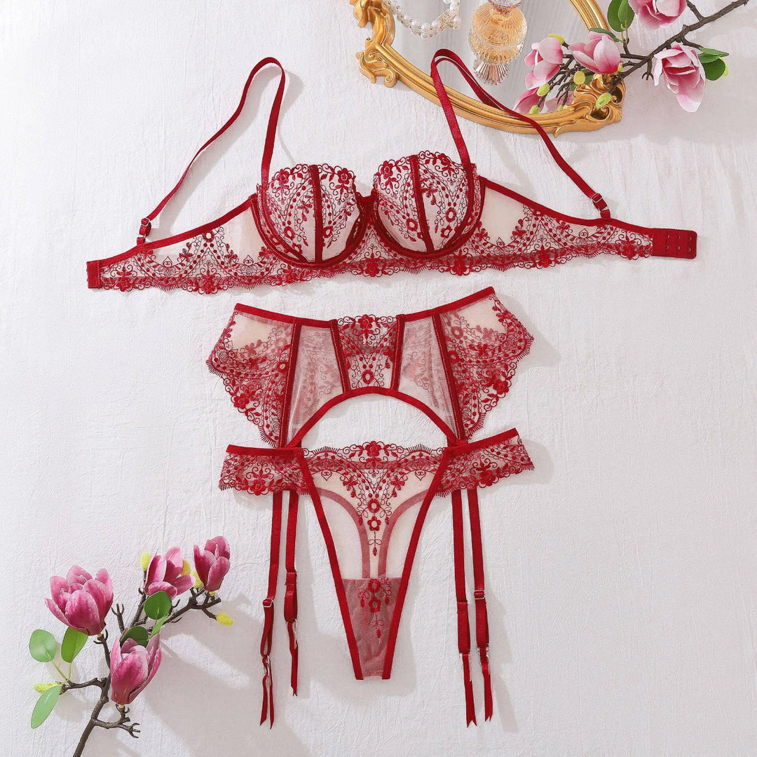 Lace Embroidered Lingerie Set – Bra, Garter & Thong