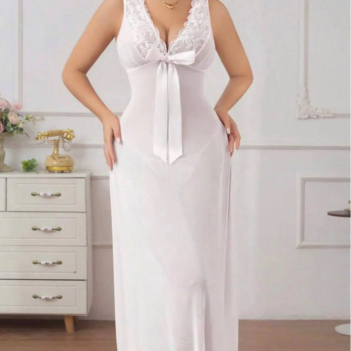 Sheer Lace Bow Tie Mesh Maxi Lingerie Dress