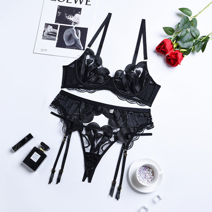 Heart Embroidered Lace Lingerie Set – 3-Piece Sheer Mesh Bra, Panty & Garter Belt