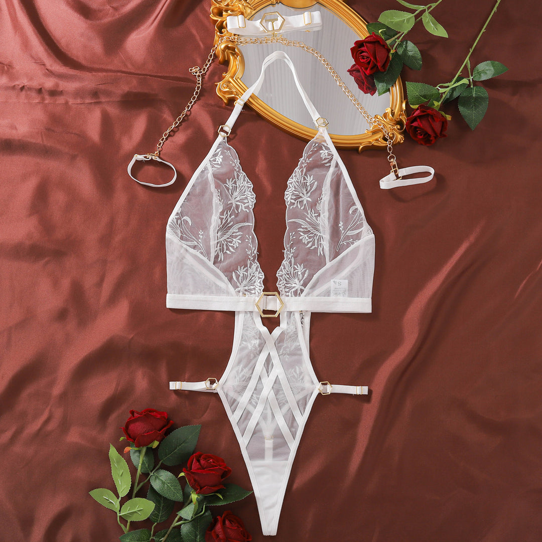 Chain Temptation – Sheer Mesh Halter Cut-Out Bodysuit