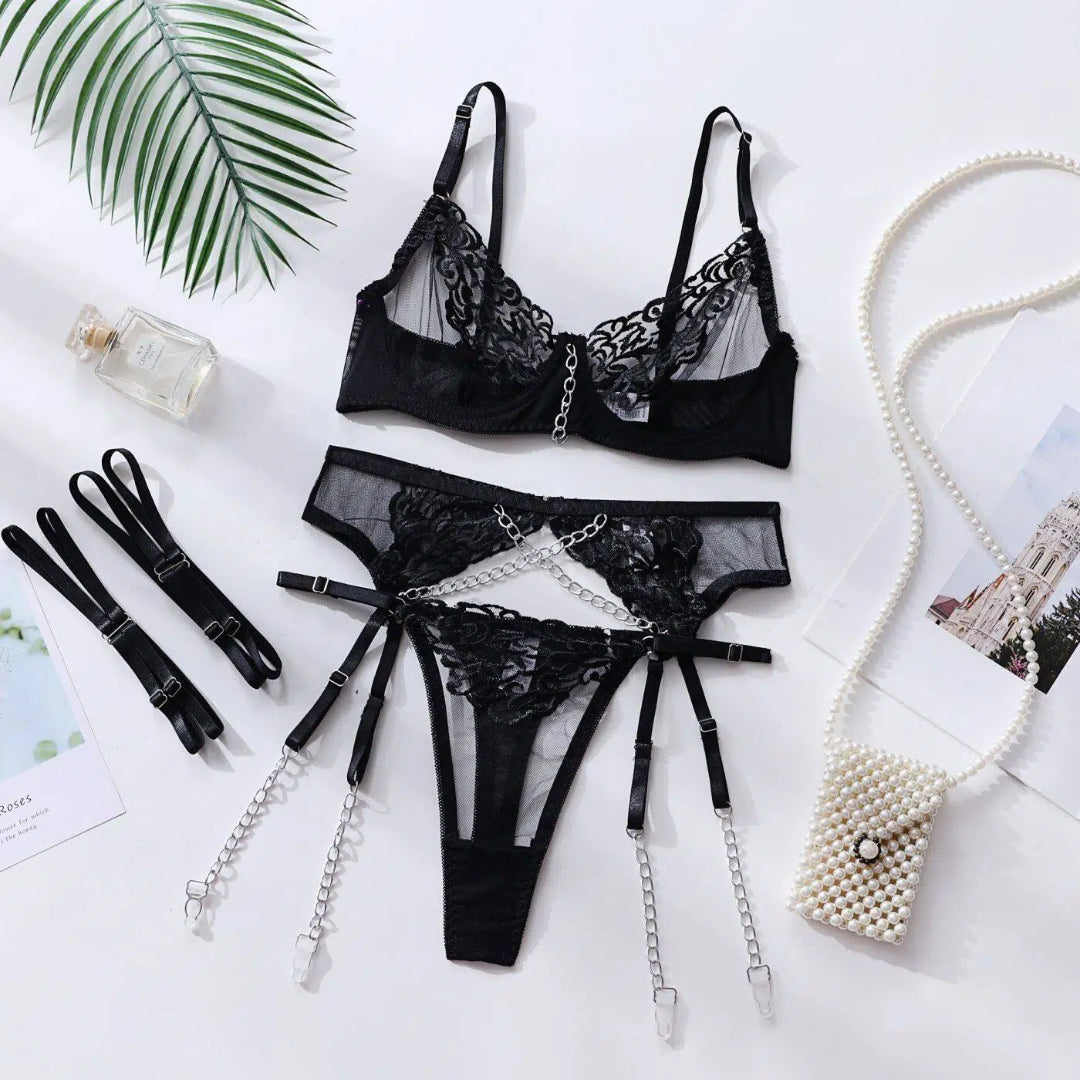 Glam Chain Embroidery Lingerie Set – 4-Piece Luxury Seductive Collection