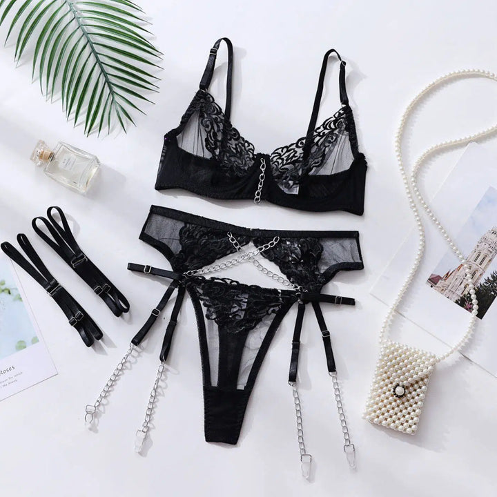 Glam Chain Embroidery Lingerie Set – 4-Piece Luxury Seductive Collection