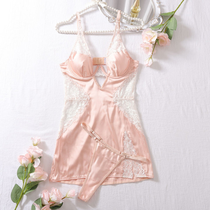 Satin Lace Chemise Nightdress – Underwire Slip Lingerie with Side Slit