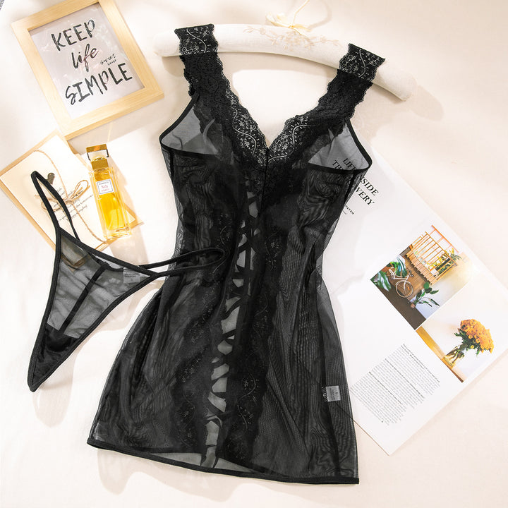 Lace Sheer Slip Dress & Matching Thong– Sexy V-Neck Lingerie Set