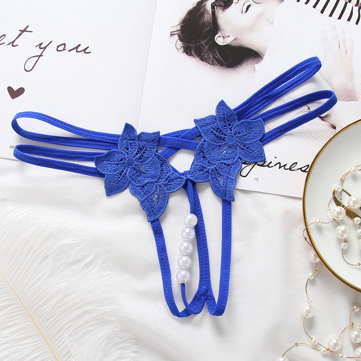 Women's Embroidered Floral Lace Pearl Detail Thong – Sheer Hollow-Out Low Rise Lingerie