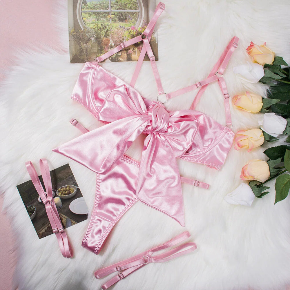 Satin Bow Strappy Lingerie Set
