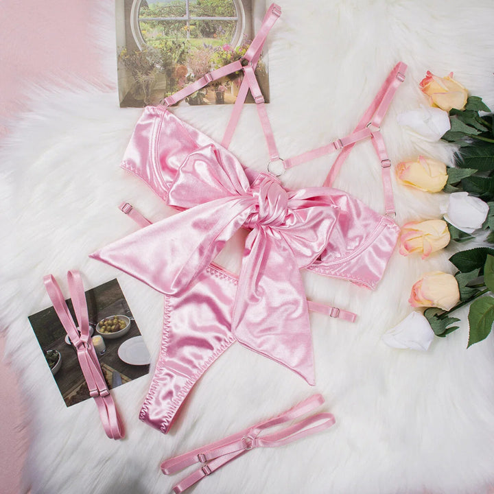 Satin Bow Strappy Lingerie Set