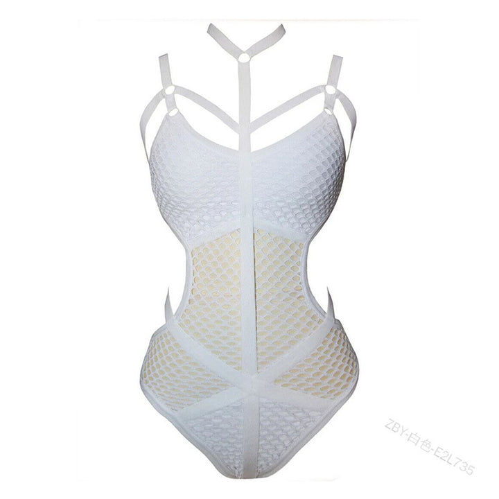 Strappy Fishnet Cutout Bodysuit – Lace-Up Harness Lingerie Teddy