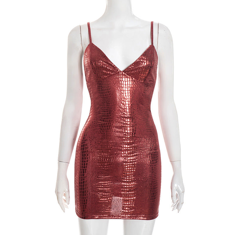 Black Croc-Texture Bodycon Mini Dress – Sleek Spaghetti Strap Stretch Clubwear Nightdress