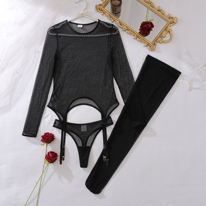 Sheer Fishnet Cut-Out Bodysuit Lingerie with Garter Straps