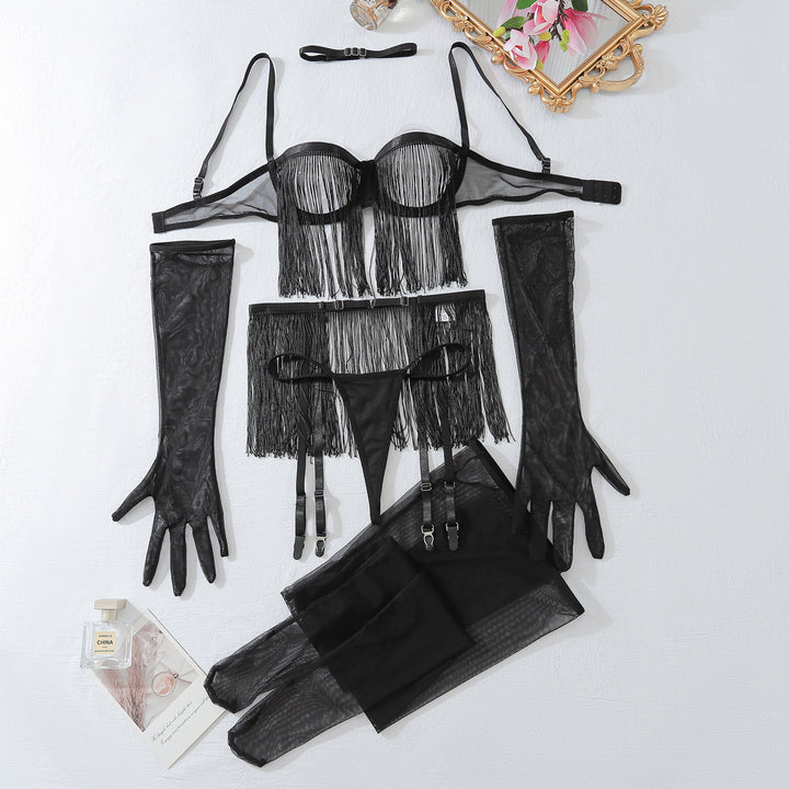Sheer Mesh Tassel Lingerie Set – Backless Hollow Out Shapewear 6-Piece Set