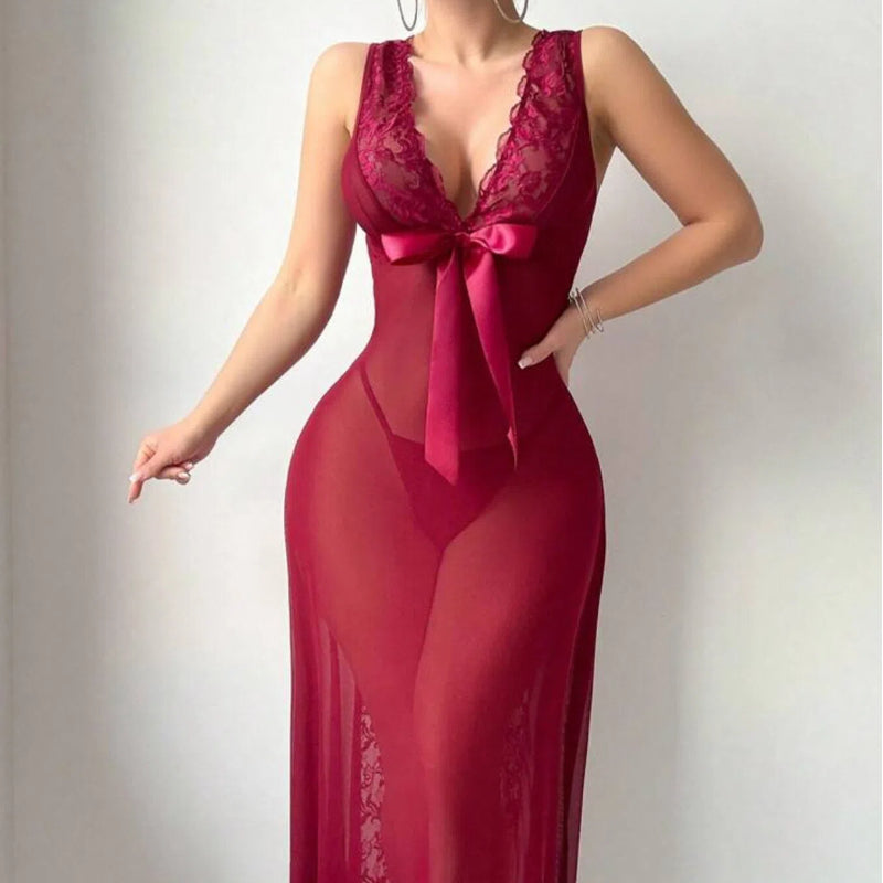 Sheer Lace Bow Tie Mesh Maxi Lingerie Dress