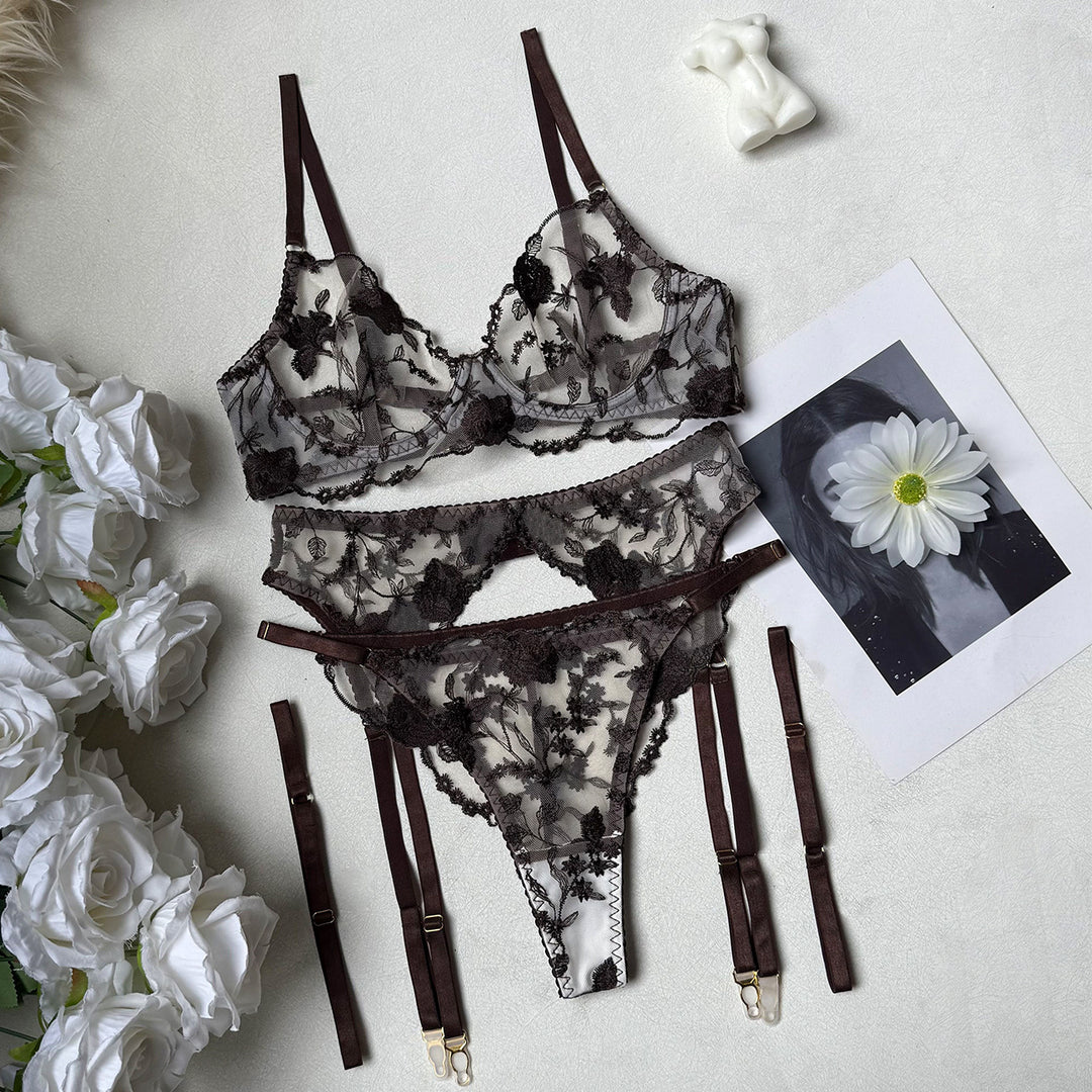 Floral Embroidered Mesh Lingerie Set – Underwire Bra, Garter Belt, Thong & Sheer Gloves 4PCS