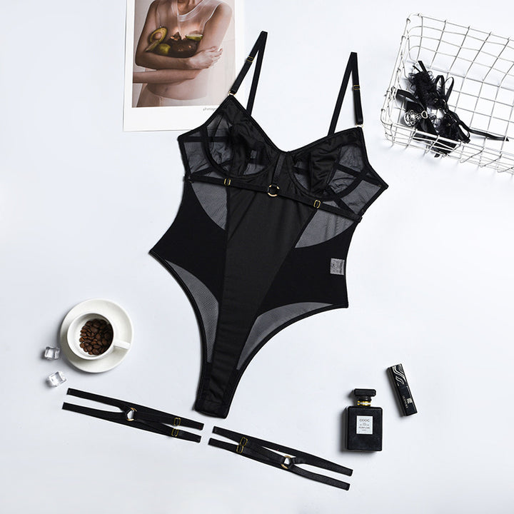 Sexy Sheer Mesh Bodysuit for Women – Black Strappy Lingerie One-Piece