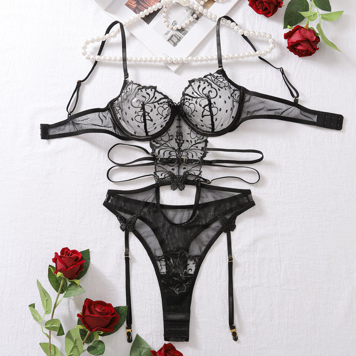 Black Sheer Lace Bra & Garter Thong Set