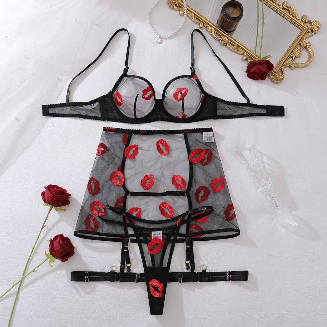 Lip Embroidery Mesh Lingerie Set – Sheer Bra, Garter Belt & High Waist Panty 3-Piece Set