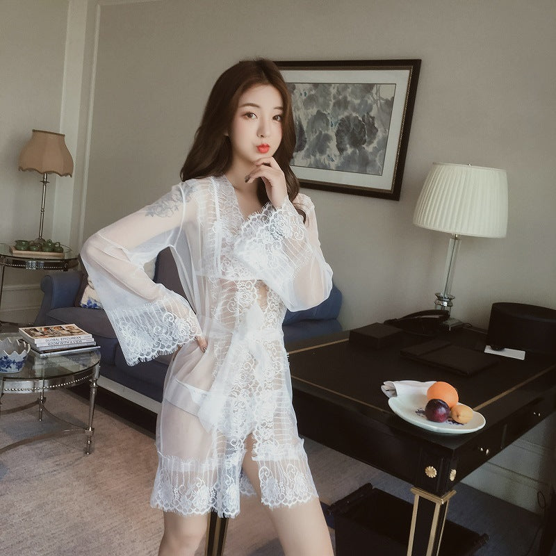 Midnight Elegance Sheer Lace Robe Lingerie Cover-Up