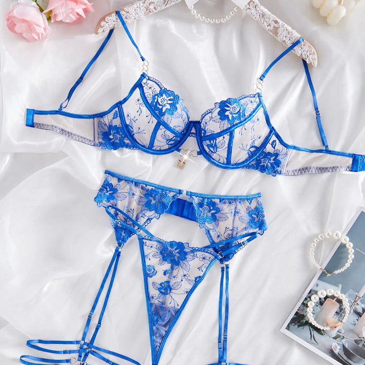 Floral Embroidered Lingerie Set with Garter Belt & Adjustable Leg Straps