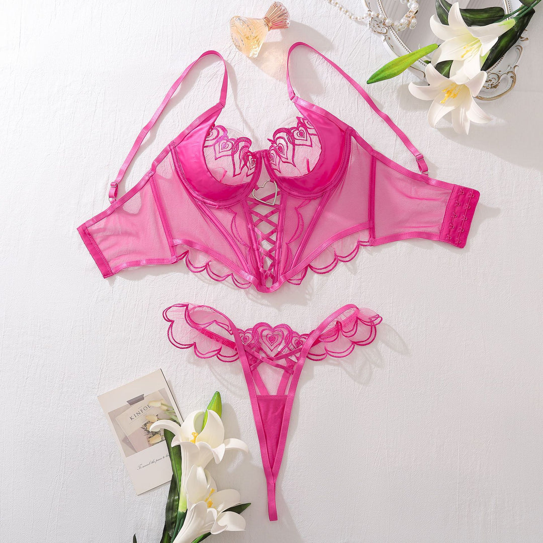 Heart Embroidery Mesh Lingerie Set